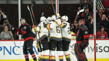 RALEIGH, NC - JANUARY 31: Vegas Golden Knights Right Wing Alex Tuch (89) is surrounded by teammates after scoring the eventual game winning goal during a game between the Carolina Hurricanes and the Las Vegas Golden Knights on January 31, 2020 at the PNC Arena in Raleigh, NC. (Photo by Greg Thompson/Icon Sportswire via Getty Images)