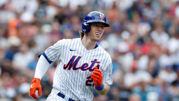 Brett Baty #22 of the New York Mets in action against the Colorado Rockies at Citi Field on August 28, 2022 in New York City. The Rockies defeated the Mets 1-0. (Photo by Jim McIsaac/Getty Images)