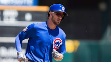 Aug 7, 2016; Oakland, CA, USA; Chicago Cubs third baseman Kris Bryant (17) rounds the bases on a solo home run against the Oakland Athletics during the sixth inning at O.co Coliseum. Mandatory Credit: Kelley L Cox-USA TODAY Sports