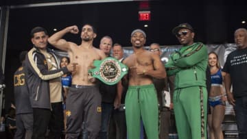 NEW YORK, NY - SEPTEMBER 07: Danny Garcia and Shawn Porter faceoff and pose during the Weigh In for their upcoming Welterweight Title fight at Barclays Center on September 7, 2018 in New York City. (Photo by Bill Tompkins/Getty Images)