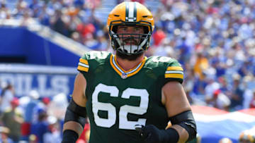 Aug 28, 2021; Orchard Park, New York, USA; Green Bay Packers offensive guard Lucas Patrick (62) jogs on the field prior to the game against the Buffalo Bills at Highmark Stadium. Mandatory Credit: Rich Barnes-USA TODAY Sports