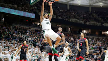 EAST LANSING, MI - JANUARY 10: Nick Ward #44 of the Michigan State Spartans dunks the ball during a game against the Rutgers Scarlet Knights at Breslin Center on January 10, 2018 in East Lansing, Michigan. (Photo by Rey Del Rio/Getty Images)