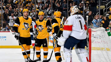 PITTSBURGH, PA - JANUARY 08: Bryan Rust #17 of the Pittsburgh Penguins celebrates his first period goal against Roberto Luongo #1 of the Florida Panthers at PPG Paints Arena on January 8, 2019 in Pittsburgh, Pennsylvania. (Photo by Joe Sargent/NHLI via Getty Images)