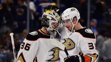Anaheim Ducks center Derek Grant (38) celebrates with goaltender John Gibson (36) Mandatory Credit: Jeff Curry-USA TODAY Sports