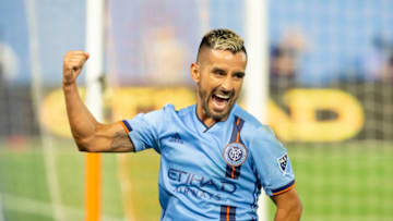 YANKEE STADIUM, NEW YORK, UNITED STATES - 2019/06/06: Maximiliano Martinez (10) of NYCFC celebrates scoring goal with teammates during regular MLS game against FC Cincinnati at Yankee stadium NYCFC won 5 - 2. (Photo by Lev Radin/Pacific Press/LightRocket via Getty Images)