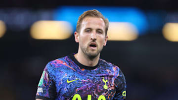 BURNLEY, ENGLAND - OCTOBER 27: Harry Kane of Tottenham Hotspur looks on during the Carabao Cup Round of 16 match between Burnley and Tottenham Hotspur at Turf Moor on October 27, 2021 in Burnley, England. (Photo by James Gill - Danehouse/Getty Images)