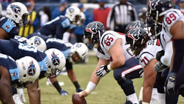 NASHVILLE, TN - JANUARY 01: Greg Mancz #65 of the Houston Texans lines up to snap the ball against the Tennessee Titans during the first half at Nissan Stadium on January 1, 2017 in Nashville, Tennessee. (Photo by Frederick Breedon/Getty Images)