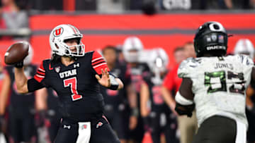 LAS VEGAS, NEVADA - DECEMBER 03: Cameron Rising #7 of the Utah Utes throws a pass for a touchdown during the second quarter of the PAC-12 Football Championship football game against the Oregon Ducks at Allegiant Stadium on December 03, 2021 in Las Vegas, Nevada. (Photo by Alika Jenner/Getty Images)