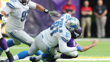 MINNEAPOLIS, MN - NOVEMBER 6: Sam Bradford #8 of the Minnesota Vikings is sacked by Kerry Hyder #61 of the Detroit Lions during the of the game on November 6, 2016 at US Bank Stadium in Minneapolis, Minnesota. (Photo by Adam Bettcher/Getty Images)