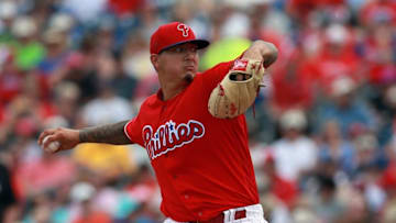 Mar 12, 2016; Clearwater, FL, USA; Philadelphia Phillies relief pitcher Vince Velasquez (28) throws a pitch during the first inning against the Toronto Blue Jays at Bright House Field. Mandatory Credit: Kim Klement-USA TODAY Sports