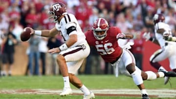 Oct 22, 2016; Tuscaloosa, AL, USA; Alabama Crimson Tide linebacker Tim Williams (56) sacks Texas A&M Aggies quarterback Trevor Knight (8) during the third quarter at Bryant-Denny Stadium. Mandatory Credit: John David Mercer-USA TODAY Sports
