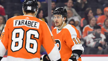 Apr 11, 2023; Philadelphia, Pennsylvania, USA; Philadelphia Flyers left wing Joel Farabee (86) and right wing Travis Konecny (11) against the Columbus Blue Jackets during the second period at Wells Fargo Center. Mandatory Credit: Eric Hartline-USA TODAY Sports