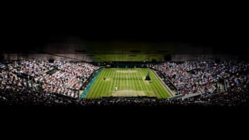 LONDON, ENGLAND - JULY 14: General view of Centre Court in the Men's Singles final between Roger Federer of Switzerland and Novak Djokovic of Serbia during Day thirteen of The Championships - Wimbledon 2019 at All England Lawn Tennis and Croquet Club on July 14, 2019 in London, England. (Photo by Shaun Botterill/Getty Images)