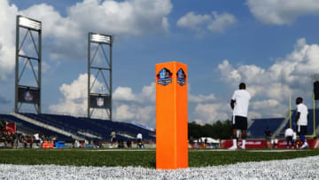 CANTON, OH - AUGUST 03: General view as players begin to warm up prior to the NFL Hall of Fame preseason game between the Dallas Cowboys and Arizona Cardinals at Tom Benson Hall of Fame Stadium on August 3, 2017 in Canton, Ohio. (Photo by Joe Robbins/Getty Images)