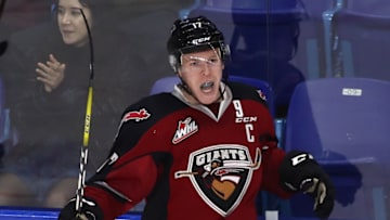 LANGLEY, BC - NOVEMBER 5: Tyler Benson #17 of the Vancouver Giants celebrates his goal against the Lethbridge Hurricanes during the second period of their WHL game at the Langley Events Centre on November 5, 2016 in Langley, British Columbia, Canada. (Photo by Ben Nelms/Getty Images)