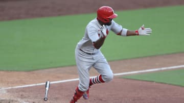 SAN DIEGO, CALIFORNIA - SEPTEMBER 30: Dexter Fowler #25 of the St. Louis Cardinals reacts to an RBI single during the ninth inning of Game One of the National League Wild Card Series against the San Diego Padres at PETCO Park on September 30, 2020 in San Diego, California. (Photo by Sean M. Haffey/Getty Images)