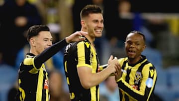 ARNHEM, NETHERLANDS - FEBRUARY 2: Matt Miazga of Vitesse celebrates 1-0 with Mitchell van Bergen of Vitesse, Thulani Serero of Vitesse during the Dutch Eredivisie match between Vitesse v FC Groningen at the GelreDome on February 2, 2018 in Arnhem Netherlands (Photo by Peter Lous/Soccrates/Getty Images)
