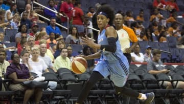WASHINGTON, DC - JULY 19: Atlanta Dream guard Brittney Sykes (7) moves up court during a WNBA game between the Washington Mystics and the Atlanta Dream on July 19 2017, at Verizon Center, in Washington DC. The Mystics defeated the Dream 100-96 in OT.(Photo by Tony Quinn/Icon Sportswire via Getty Images)