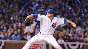 Apr 5, 2015; Chicago, IL, USA; Chicago Cubs starting pitcher Jon Lester (34) delivers a pitch during the first inning against the St. Louis Cardinals at Wrigley Field. Mandatory Credit: Dennis Wierzbicki-USA TODAY Sports