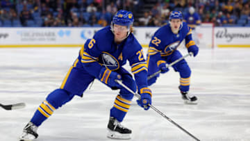 Mar 19, 2023; Buffalo, New York, USA; Buffalo Sabres defenseman Rasmus Dahlin (26) looks to make a pass during the second period against the Boston Bruins at KeyBank Center. Mandatory Credit: Timothy T. Ludwig-USA TODAY Sports