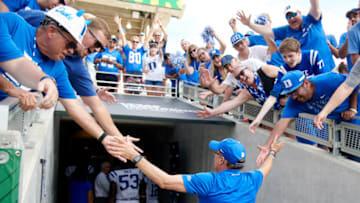 WACO, TX - SEPTEMBER 15: Duke Blue Devils head coach David Cutcliffe celebrates with fans after defeating the Baylor Bears during a football game at McLane Stadium on September 15, 2018 in Waco, Texas. (Photo by Cooper Neill/Getty Images)