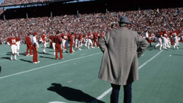 Nov 29, 1980; Birmingham, AL, USA; FILE PHOTO; Alabama Crimson Tide head coach Paul Bear Bryant on the field - Manny Rubio-USA TODAY Sports