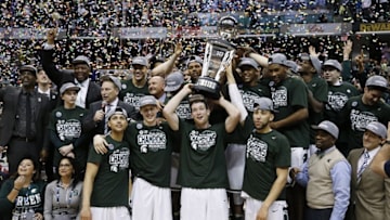 Mar 13, 2016; Indianapolis, IN, USA; Michigan State Spartans celebrate winning the Big Ten Championship against the Purdue Boilermakers during the Big Ten conference tournament at Bankers Life Fieldhouse. Michigan State defeats Purdue 66-62. Mandatory Credit: Brian Spurlock-USA TODAY Sports