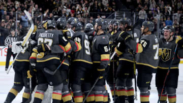 The Vegas Golden Knights celebrate their 2-1 shootout victory over the Arizona Coyotes. (Photo by Ethan Miller/Getty Images)