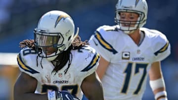Sep 18, 2016; San Diego, CA, USA; San Diego Chargers running back Melvin Gordon (28) runs the ball after getting the hand off from quarterback Philip Rivers (17) during the third quarter against the Jacksonville Jaguars at Qualcomm Stadium. Mandatory Credit: Jake Roth-USA TODAY Sports