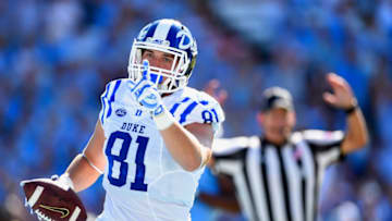 CHAPEL HILL, NC - SEPTEMBER 23: Davis Koppenhaver #81 of the Duke Blue Devils scores a touchdown against the North Carolina Tar Heels during their game at Kenan Stadium on September 23, 2017 in Chapel Hill, North Carolina. (Photo by Grant Halverson/Getty Images)