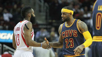 Mar 1, 2015; Houston, TX, USA; Houston Rockets guard James Harden (13) and Cleveland Cavaliers forward LeBron James (23) before a game at Toyota Center. Mandatory Credit: Troy Taormina-USA TODAY Sports