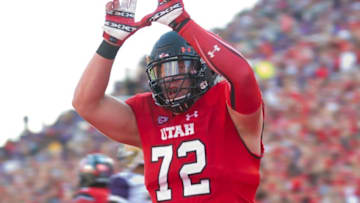 Oct 29, 2016; Salt Lake City, UT, USA; Utah Utes offensive lineman Garett Bolles (72) celebrates a touchdown by Utah Utes tight end Evan Moeai (not pictured) during the second half against the Washington Huskies at Rice-Eccles Stadium. Washington won 31-24. Mandatory Credit: Russ Isabella-USA TODAY Sports