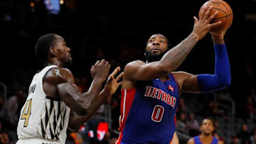 ATLANTA, GA - NOVEMBER 09: Andre Drummond #0 of the Detroit Pistons attacks the basket against Dewayne Dedmon #14 of the Atlanta Hawks at State Farm Arena on November 9, 2018 in Atlanta, Georgia. NOTE TO USER: User expressly acknowledges and agrees that, by downloading and or using this photograph, User is consenting to the terms and conditions of the Getty Images License Agreement. (Photo by Kevin C. Cox/Getty Images)