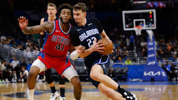 Orlando Magic forward Franz Wagner (22) drives to the basket guarded by Detroit Pistons forward Saddiq Bey Credit: Nathan Ray Seebeck-USA TODAY Sports