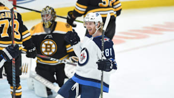BOSTON, MA - JANUARY 29: Kyle Connor #81 of the Winnipeg Jets smiles after his goal against the Boston Bruins at the TD Garden on January 29, 2019 in Boston, Massachusetts. (Photo by Steve Babineau/NHLI via Getty Images)