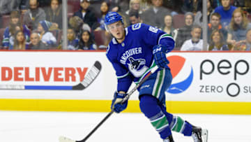 VANCOUVER, BC - MARCH 26: Vancouver Canucks Right Wing Jake Virtanen (18) skates up ice during their NHL game against the Anaheim Ducks at Rogers Arena on March 26, 2019 in Vancouver, British Columbia, Canada. Anaheim won 5-4. (Photo by Derek Cain/Icon Sportswire via Getty Images)