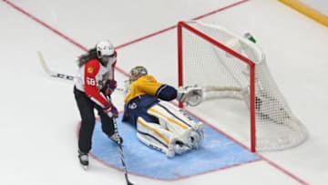 Jan 30, 2016; Nashville, TN, USA; Atlantic Division defenseman P.K. Subban (76) of the Montreal Canadiens scores a goal against Central Division goaltender Pekka Rinne (35) of the Nashville Predators during the Breakaway Challenge during the 2016 NHL All Star Game Skills Competition at Bridgestone Arena. Mandatory Credit: Aaron Doster-USA TODAY Sports