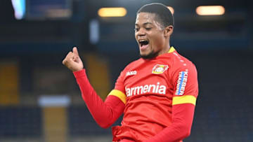 Leverkusen's Jamaican midfielder Leon Bailey celebrates scoring during the German first division Bundesliga football match Arminia Bielefeld vs Bayer Leverkusen, in Bielefeld on November 21, 2020. (Photo by Ina Fassbender / AFP) / DFL REGULATIONS PROHIBIT ANY USE OF PHOTOGRAPHS AS IMAGE SEQUENCES AND/OR QUASI-VIDEO (Photo by INA FASSBENDER/AFP via Getty Images)