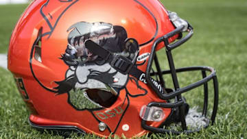 Nov 17, 2018; Stillwater, OK, USA; A view of an Oklahoma State Cowboys helmet before the game against the West Virginia Mountaineers at Boone Pickens Stadium. Mandatory Credit: Rob Ferguson-USA TODAY Sports