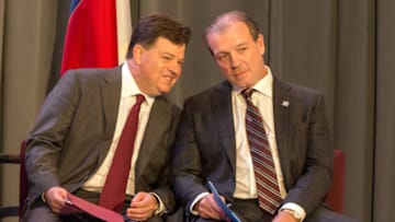 Dec 4, 2017; College Station, TX, USA; Texas A&M athletic director Scott Woodward (left) and head coach Jimbo Fisher during Fisher's introductory press conference held Monday morning at the Hall of Champions in Kyle Field. Mandatory Credit: C. Morgan Engel-USA TODAY Sports