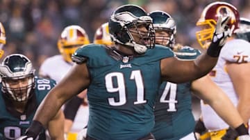 Dec 26, 2015; Philadelphia, PA, USA; Philadelphia Eagles defensive end Fletcher Cox (91) reacts after a sack against the Washington Redskins at Lincoln Financial Field. The Redskins won 38-24. Mandatory Credit: Bill Streicher-USA TODAY Sports