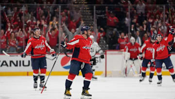WASHINGTON, DC - FEBRUARY 04: Alex Ovechkin #8 of the Washington Capitals celebrates after scoring his third goal of the game for a hat trick against the Los Angeles Kings in the third period at Capital One Arena on February 04, 2020 in Washington, DC. (Photo by Patrick McDermott/NHLI via Getty Images)