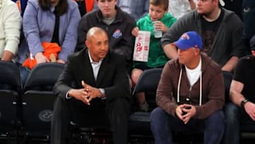 May 5, 2013; New York, NY, USA; Former New York Knicks player John Starks sits courtside during the second half at Madison Square Garden. Mandatory Credit: Danny Wild-USA TODAY Sports