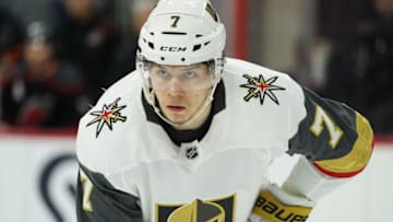 RALEIGH, NC - FEBRUARY 01: Vegas Golden Knights Right Wing Valentin Zykov (7) waits on a face off during a game between the Las Vegas Golden Knights and the Carolina Hurricanes on February 1, 2019, at the PNC Arena in Raleigh, NC. (Photo by Greg Thompson/Icon Sportswire via Getty Images)