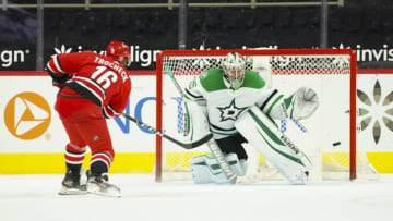 Jan 31, 2021; Raleigh, North Carolina, USA; Dallas Stars goaltender Anton Khudobin (35) at PNC Arena. Mandatory Credit: James Guillory-USA TODAY Sports