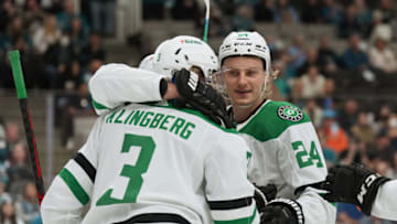 Apr 2, 2022; San Jose, California, USA; Dallas Stars center Roope Hintz (24) celebrates with defenseman John Klingberg (3) after scoring a goal against the San Jose Sharks during the first period at SAP Center at San Jose. Mandatory Credit: Darren Yamashita-USA TODAY Sports