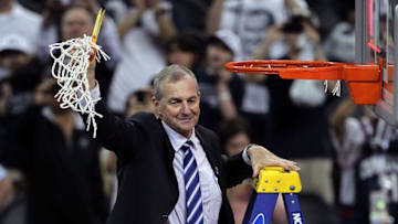 HOUSTON, TX - APRIL 04: Head coach Jim Calhoun of the Connecticut Huskies cuts down the net after defeating the Butler Bulldogs to win the National Championship Game of the 2011 NCAA Division I Men's Basketball Tournament by a score of 53-41 at Reliant Stadium on April 4, 2011 in Houston, Texas. (Photo by Andy Lyons/Getty Images)