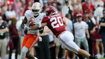 Alabama linebacker Drew Sanders (20) breaks up a pass intended for Mercer tight end Andrew May (82) Saturday, Sept. 11, 2021, in Bryant-Denny Stadium. [Staff Photo/Gary Cosby Jr.]Alabama Vs Mercer