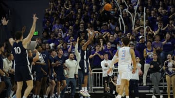 Mar 1, 2023; Evanston, Illinois, USA; Penn State Nittany Lions guard Camren Wynter (11) hits the game winning three point basket against the Northwestern Wildcats during overtime at Welsh-Ryan Arena. Mandatory Credit: David Banks-USA TODAY Sports