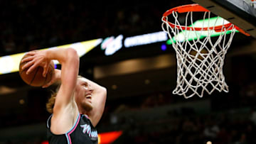 MIAMI, FL - NOVEMBER 09: Kelly Olynyk #9 of the Miami Heat dunks against the Indiana Pacers during the first half at American Airlines Arena on November 9, 2018 in Miami, Florida. NOTE TO USER: User expressly acknowledges and agrees that, by downloading and or using this photograph, User is consenting to the terms and conditions of the Getty Images License Agreement. (Photo by Michael Reaves/Getty Images)
